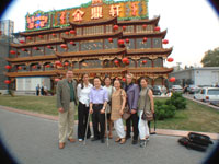 Knut Borgestrand, Mark Wang and Thomas Stanghelle with friends in front of a Chinese Restaurant